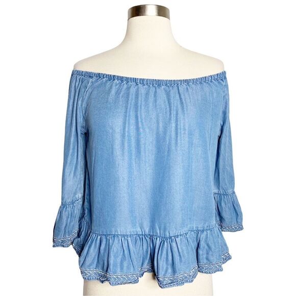 Walter Baker Womens Torrence Off The Shoulder Top Size XS Blue Chambray - Picture 2 of 7